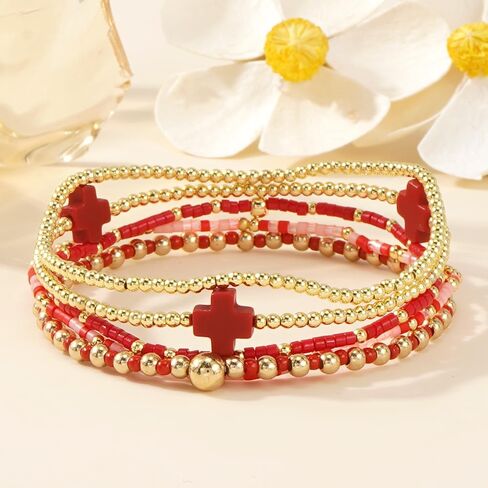 Gold Beaded Bracelets Stack for Women - Stackable 14K Gold Plated Bracelets Set, Waterproof Elastic Boho Beads Cross Jewelry Christian Friendship Summer Beach Birthday Party Gift in Saudi Arabia