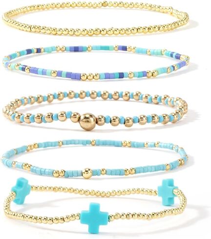 Gold Beaded Bracelets Stack for Women - Stackable 14K Gold Plated Bracelets Set, Waterproof Elastic Boho Beads Cross Jewelry Christian Friendship Summer Beach Birthday Party Gift in Saudi Arabia
