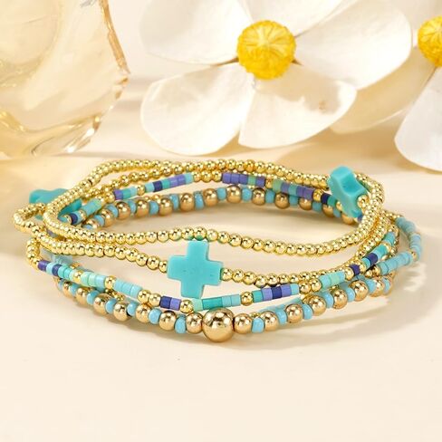 Gold Beaded Bracelets Stack for Women - Stackable 14K Gold Plated Bracelets Set, Waterproof Elastic Boho Beads Cross Jewelry Christian Friendship Summer Beach Birthday Party Gift in Saudi Arabia