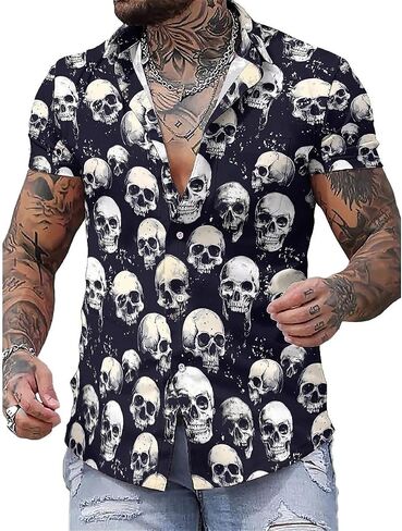 Men's Hawaiian Oversize Shirt -Spooky Skull Print Short Sleeve Shirt | Casual Vacation Resort Wear | S-4XL Plus Sizes in Saudi Arabia