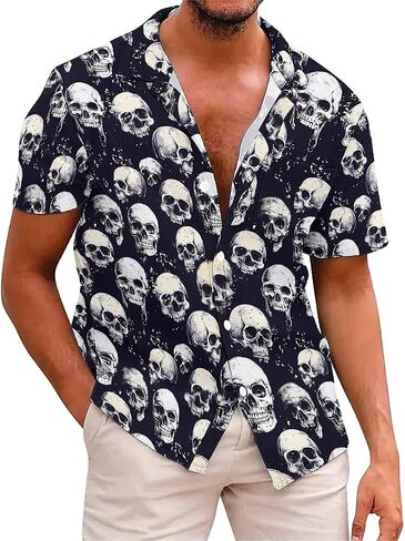 Men's Hawaiian Oversize Shirt -Spooky Skull Print Short Sleeve Shirt | Casual Vacation Resort Wear | S-4XL Plus Sizes in Saudi Arabia