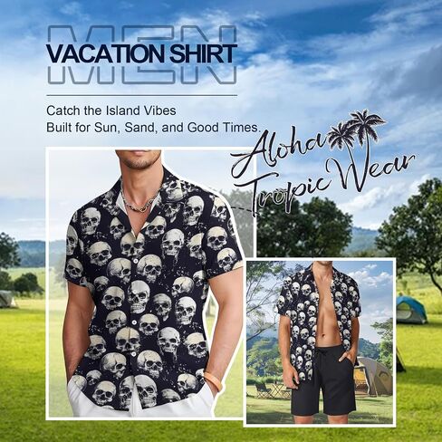 Men's Hawaiian Oversize Shirt -Spooky Skull Print Short Sleeve Shirt | Casual Vacation Resort Wear | S-4XL Plus Sizes in Saudi Arabia