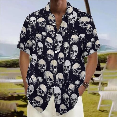 Men's Hawaiian Oversize Shirt -Spooky Skull Print Short Sleeve Shirt | Casual Vacation Resort Wear | S-4XL Plus Sizes in Saudi Arabia