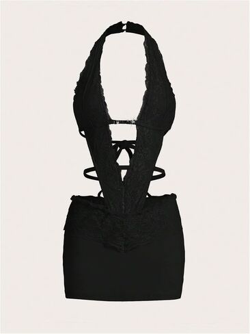فستان WDIRARA نسائي قصير مثير بفتحة رسن وربطة عنق بدون ظهر ورقبة عميقة على شكل حرف V بدون أكمام in Saudi Arabia