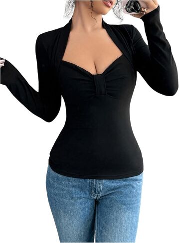 Women's Ruched Sweetheart Neck Tee Tops Long Sleeve Slim Fit T Shirts Elegant Top in Saudi Arabia