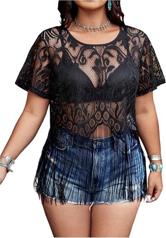 Women's Plus Size Sheer Fringe Boho Tops Lace Hollow Out Short Sleeve T Shirt Beach Vacation Tee in Saudi Arabia