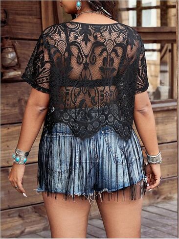 Women's Plus Size Sheer Fringe Boho Tops Lace Hollow Out Short Sleeve T Shirt Beach Vacation Tee in Saudi Arabia