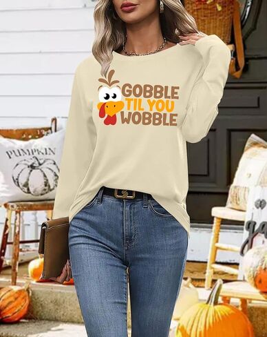 قمصان عيد الشكر للنساء تي شيرت Gobble Till You Wobble تي شيرت الشكر التركي تيشيرتات Gobble Fall بأكمام طويلة in Saudi Arabia