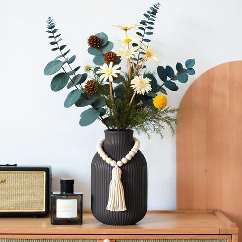 JOHOUSE Black Ceramic Vase, Small Flowers Vase Home Decor with Grooves for Modern Office Living Room Housewarming in Saudi Arabia