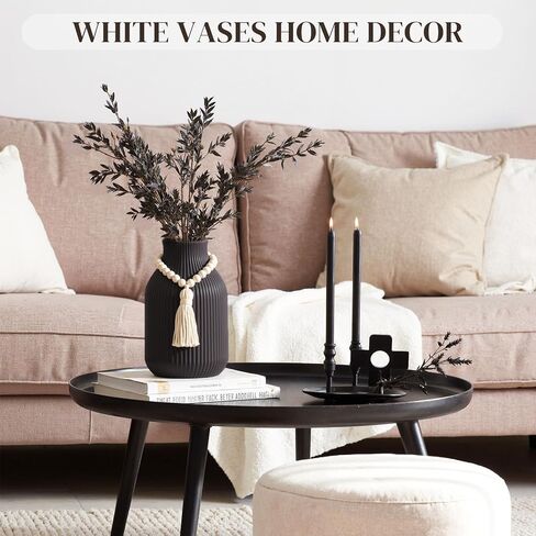 JOHOUSE Black Ceramic Vase, Small Flowers Vase Home Decor with Grooves for Modern Office Living Room Housewarming in Saudi Arabia