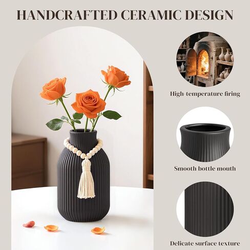 JOHOUSE Black Ceramic Vase, Small Flowers Vase Home Decor with Grooves for Modern Office Living Room Housewarming in Saudi Arabia