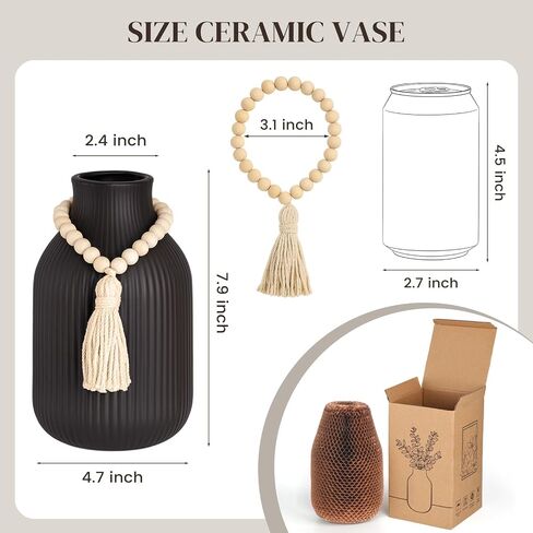 JOHOUSE Black Ceramic Vase, Small Flowers Vase Home Decor with Grooves for Modern Office Living Room Housewarming in Saudi Arabia