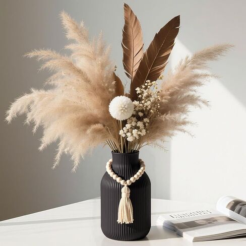 JOHOUSE Black Ceramic Vase, Small Flowers Vase Home Decor with Grooves for Modern Office Living Room Housewarming in Saudi Arabia