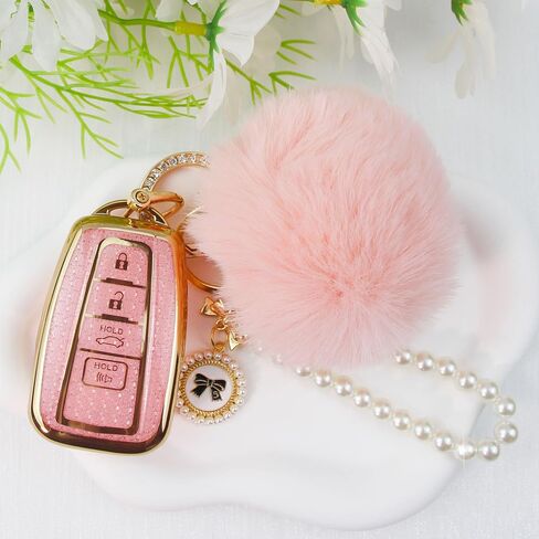 متوافق مع غطاء Toyota Key Fob مع سلسلة مفاتيح Pom Pom، ملحقات غطاء مفتاح السيارة لـ 2018-2024 Highlander RAV4 Camry Avalon C-HR Corolla GT86 مفتاح ذكي عن بعد للنساء، وردي-4 أزرار in Kuwait