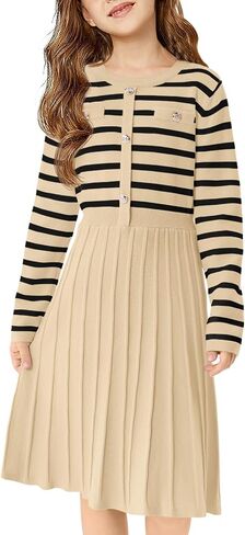 Haloumoning Girls Sweater Dress Knit Long Sleeve Striped A Line Pleated Fall Winter Dresses 5-14 Years in Kuwait