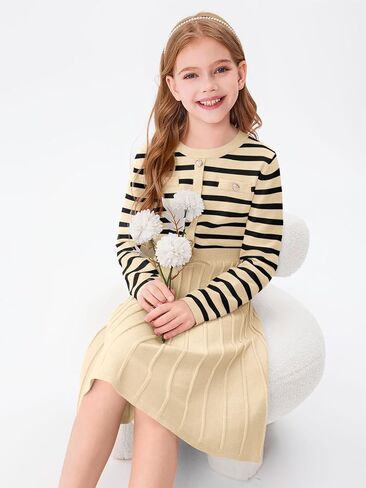 Haloumoning Girls Sweater Dress Knit Long Sleeve Striped A Line Pleated Fall Winter Dresses 5-14 Years in Kuwait