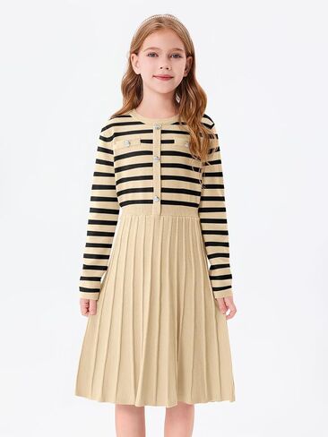 Haloumoning Girls Sweater Dress Knit Long Sleeve Striped A Line Pleated Fall Winter Dresses 5-14 Years in Kuwait