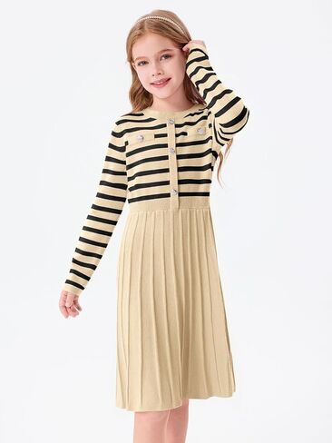Haloumoning Girls Sweater Dress Knit Long Sleeve Striped A Line Pleated Fall Winter Dresses 5-14 Years in Kuwait