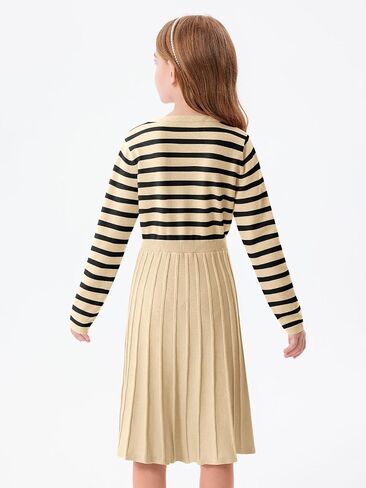 Haloumoning Girls Sweater Dress Knit Long Sleeve Striped A Line Pleated Fall Winter Dresses 5-14 Years in Kuwait