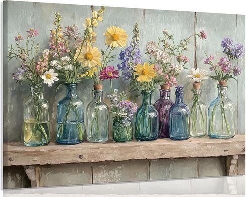 1Pcs Framed Rustic Farmhouse Floral Canvas Wall Art Enchanting Wildflowers Poster Print Vintage colored glass bottle picture printing Wooden Background Wall Decor for Bathroom Living Room decoration in Saudi Arabia