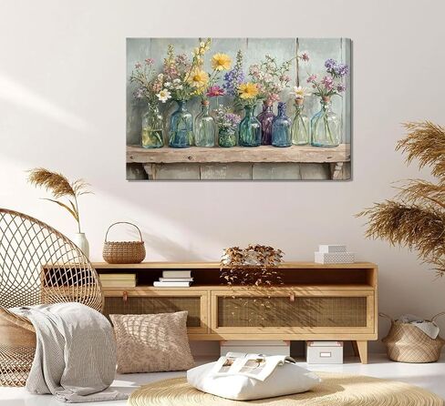 1Pcs Framed Rustic Farmhouse Floral Canvas Wall Art Enchanting Wildflowers Poster Print Vintage colored glass bottle picture printing Wooden Background Wall Decor for Bathroom Living Room decoration in Saudi Arabia