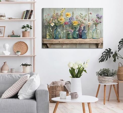 1Pcs Framed Rustic Farmhouse Floral Canvas Wall Art Enchanting Wildflowers Poster Print Vintage colored glass bottle picture printing Wooden Background Wall Decor for Bathroom Living Room decoration in Saudi Arabia