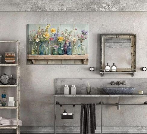 1Pcs Framed Rustic Farmhouse Floral Canvas Wall Art Enchanting Wildflowers Poster Print Vintage colored glass bottle picture printing Wooden Background Wall Decor for Bathroom Living Room decoration in Saudi Arabia