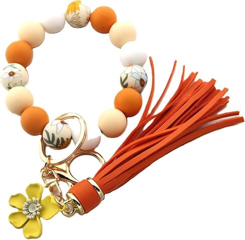 Sunflower Silicone Beaded Keychain Wristlet for Women,Wrists Bangel Key Chain Leather Tassel,Beaded Bracelet in Kuwait