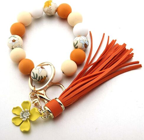 Sunflower Silicone Beaded Keychain Wristlet for Women,Wrists Bangel Key Chain Leather Tassel,Beaded Bracelet in Kuwait