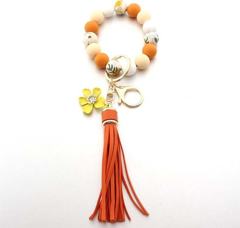 Sunflower Silicone Beaded Keychain Wristlet for Women,Wrists Bangel Key Chain Leather Tassel,Beaded Bracelet in Kuwait