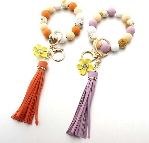 Sunflower Silicone Beaded Keychain Wristlet for Women,Wrists Bangel Key Chain Leather Tassel,Beaded Bracelet in Kuwait