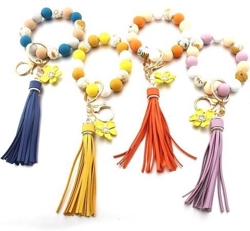 Sunflower Silicone Beaded Keychain Wristlet for Women,Wrists Bangel Key Chain Leather Tassel,Beaded Bracelet in Kuwait