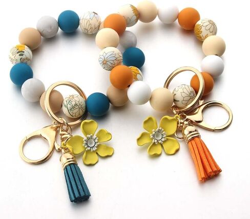 Sunflower Silicone Beaded Keychain Wristlet for Women,Wrists Bangel Key Chain Leather Tassel,Beaded Bracelet in Kuwait