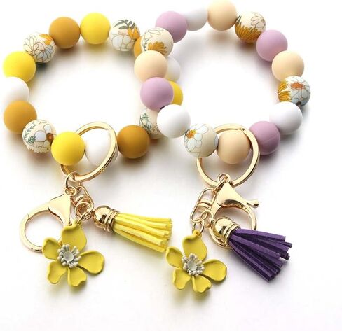 Sunflower Silicone Beaded Keychain Wristlet for Women,Wrists Bangel Key Chain Leather Tassel,Beaded Bracelet in Kuwait