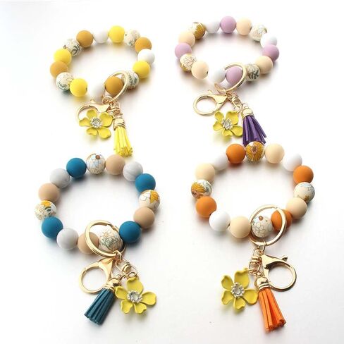 Sunflower Silicone Beaded Keychain Wristlet for Women,Wrists Bangel Key Chain Leather Tassel,Beaded Bracelet in Kuwait