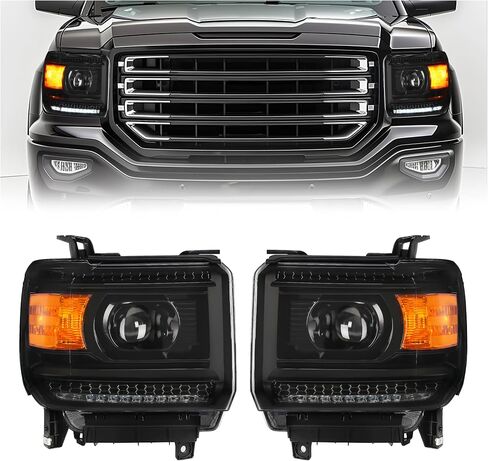 HECASA Pair Projector Headlights w/LED Tube Compatible with 2014-2019 GMC Sierra 1500 2500HD 3500HD Base Denali SLE SLT Models Headlamps Front Light DRL Left & Right Clear Lens Black Housing in Saudi Arabia