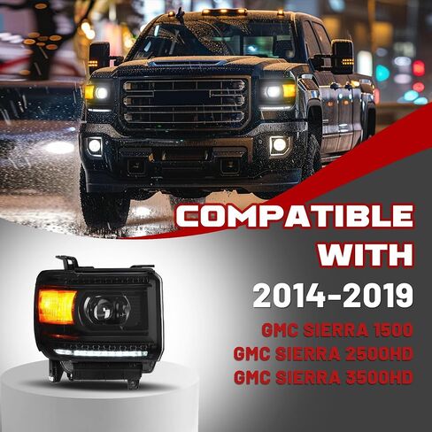 HECASA Pair Projector Headlights w/LED Tube Compatible with 2014-2019 GMC Sierra 1500 2500HD 3500HD Base Denali SLE SLT Models Headlamps Front Light DRL Left & Right Clear Lens Black Housing in Saudi Arabia