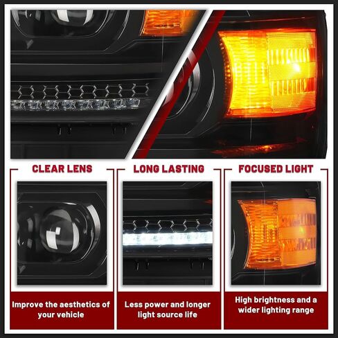 HECASA Pair Projector Headlights w/LED Tube Compatible with 2014-2019 GMC Sierra 1500 2500HD 3500HD Base Denali SLE SLT Models Headlamps Front Light DRL Left & Right Clear Lens Black Housing in Saudi Arabia
