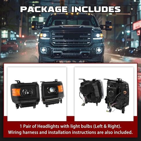 HECASA Pair Projector Headlights w/LED Tube Compatible with 2014-2019 GMC Sierra 1500 2500HD 3500HD Base Denali SLE SLT Models Headlamps Front Light DRL Left & Right Clear Lens Black Housing in Saudi Arabia