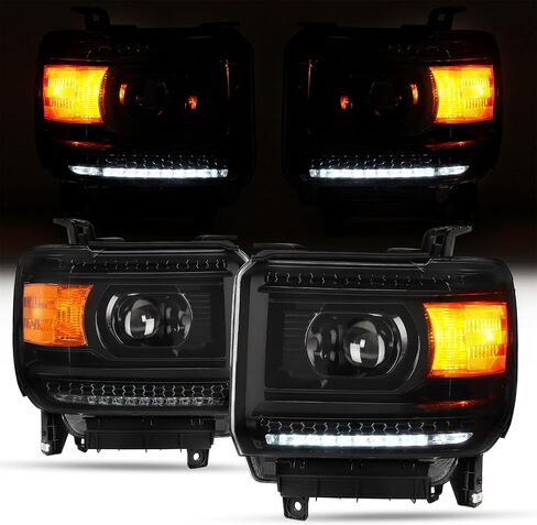 HECASA Pair Projector Headlights w/LED Tube Compatible with 2014-2019 GMC Sierra 1500 2500HD 3500HD Base Denali SLE SLT Models Headlamps Front Light DRL Left & Right Clear Lens Black Housing in Saudi Arabia