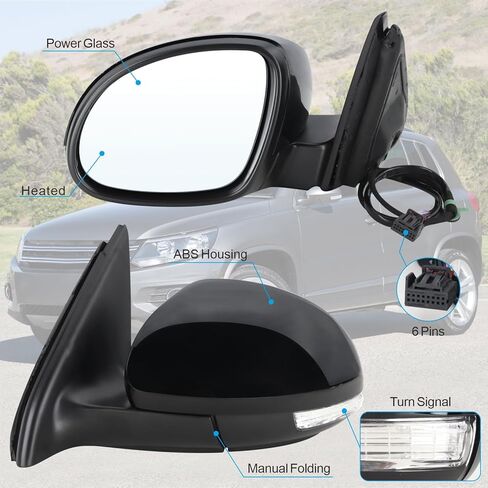 Left Driver Side Mirror Compatible With 2009 2010 2011 2012 2013 2014 2015 2016 2017 VW Tiguan With Manual Folding Power Glass Heated Turn Signal Black Replace#5N1857507P9B9(6Pins) in Saudi Arabia