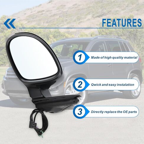 Left Driver Side Mirror Compatible With 2009 2010 2011 2012 2013 2014 2015 2016 2017 VW Tiguan With Manual Folding Power Glass Heated Turn Signal Black Replace#5N1857507P9B9(6Pins) in Saudi Arabia