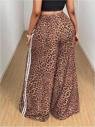 Women's Plus Size Y2K Leopard Striped Pants Drawstring High Waisted Wide Leg Loose Trousers in Kuwait