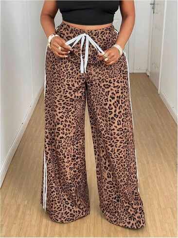 Women's Plus Size Y2K Leopard Striped Pants Drawstring High Waisted Wide Leg Loose Trousers in Kuwait