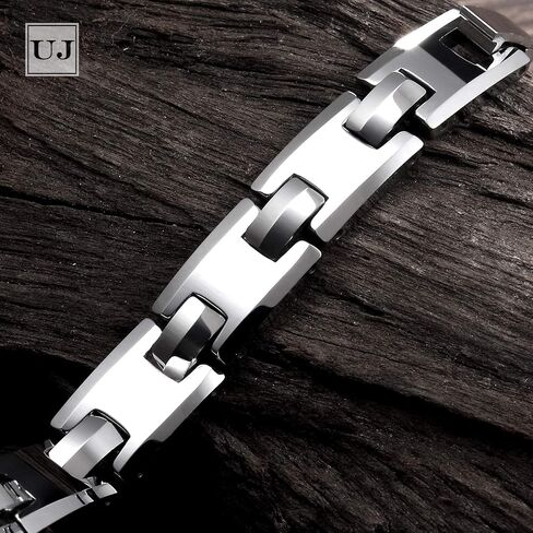 Classy Men’s Bracelet – Interlocking Track Links – Box Chain Rectangular Geometric Design – Polished Silver Color – Scratch & Tarnish Resistant Tungsten – Jewelry Gift or Accessory for Men in Kuwait