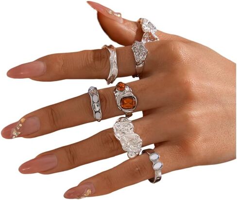 7Pcs Chunky Gold Ring for Women Stackable Thick Crystal Kunckle Rings Set Vintage Silver Rhinestone Open Statement Rings Stack Trendy Jewelry Gifts in Kuwait