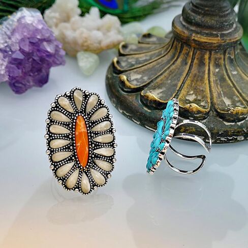 Boho Turquoise Rings for Women, Native American Western Large Bohemian Statement Open Adjustable Rings, Sizes 5-10 in Saudi Arabia