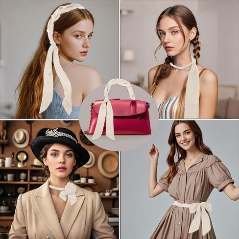 Skinny Scarf for Women, Long Self Ties Ribbon Bow Tie with Faux Pearl Necklace for Necktie Hairband Handbag Belt in Saudi Arabia