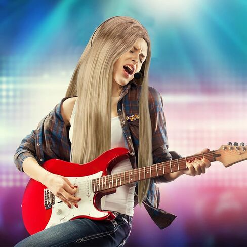 إكسسوارات أزياء WILLBOND Halloween Rock Star Singer، تتضمن لعبة ميكروفون مغنية وهمية زي سماعة الرأس مع شعر مستعار أشقر طويل مستقيم شعر مستعار اصطناعي للحفلات التنكرية وحفلات موسيقى الروك in Kuwait