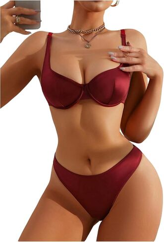 SweatyRocks Women's 2 Piece Satin Lingerie Set V Neck Underwire Bra and Panty Sets in Saudi Arabia